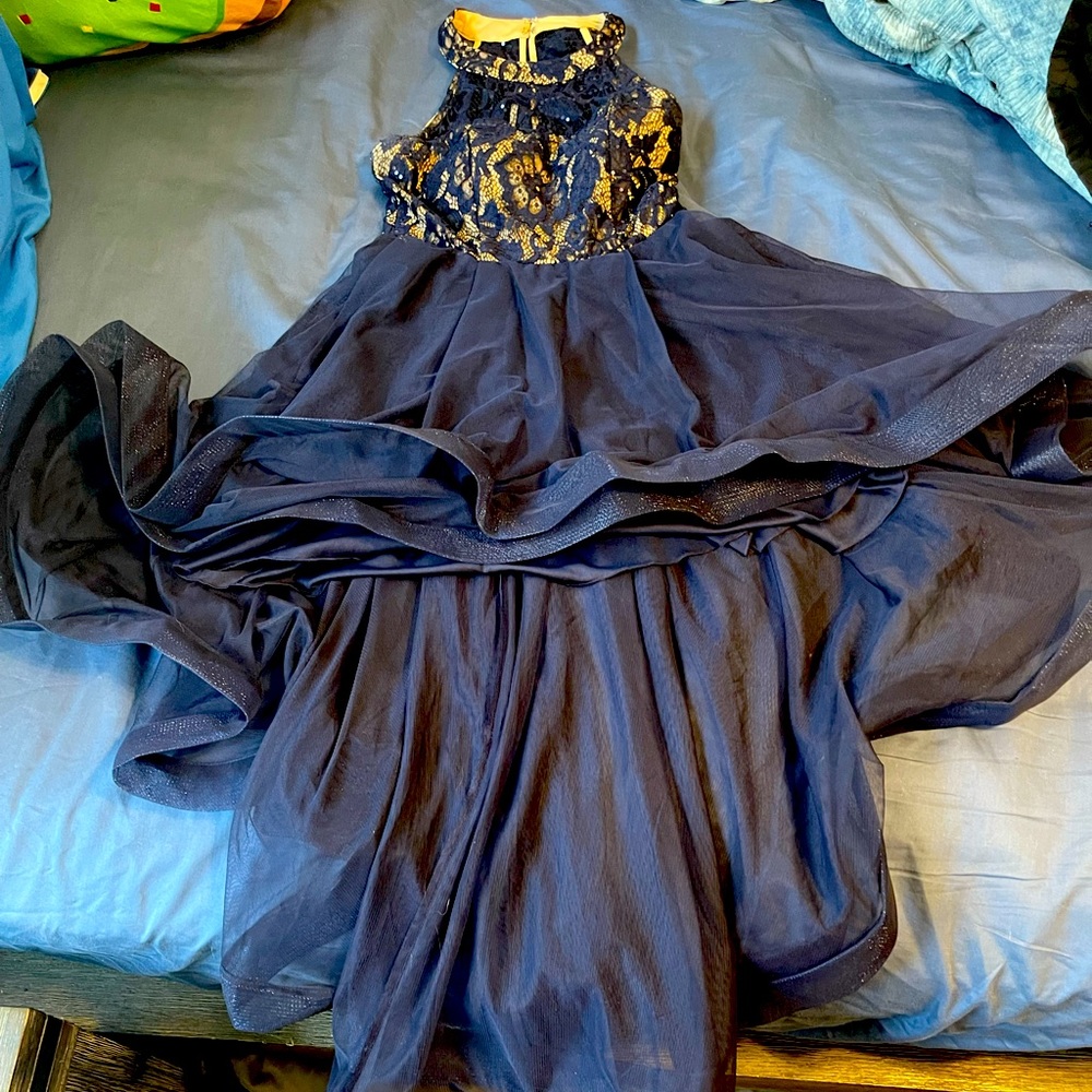 Blue lacy and flowy homecoming dress